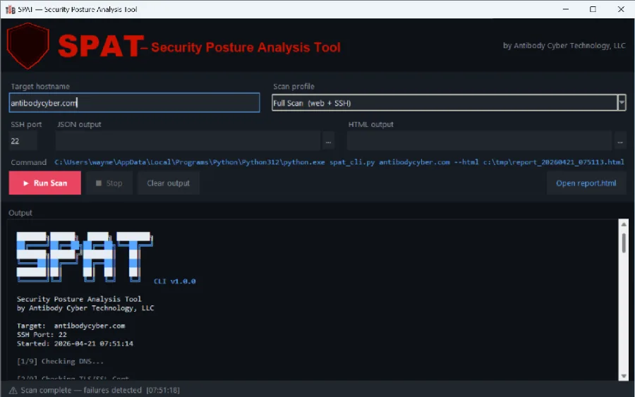 SPAT command-line scan results